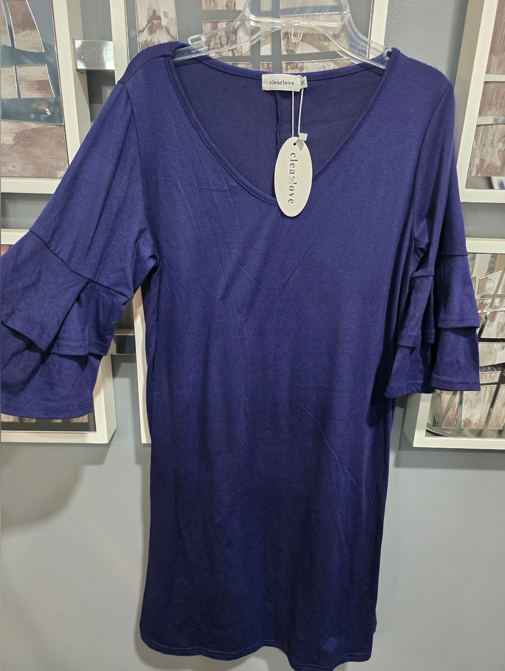 Women's Navy V-Neck Ruffle Sleeve Dress